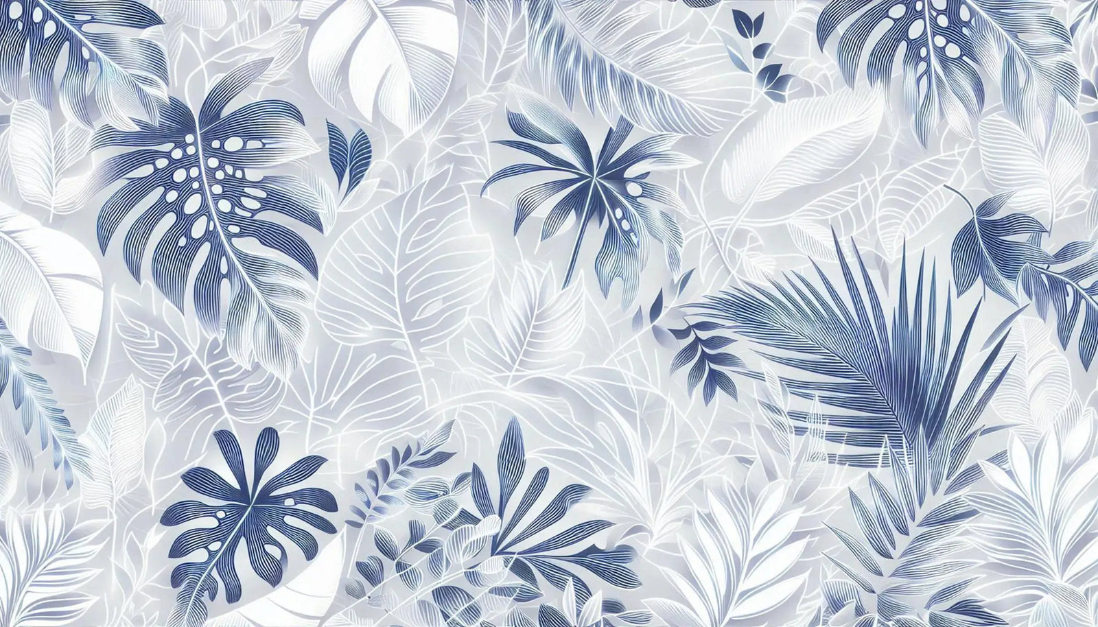 Papier Peint Tropical - Fleurs et Feuilles Blanches et Bleues
