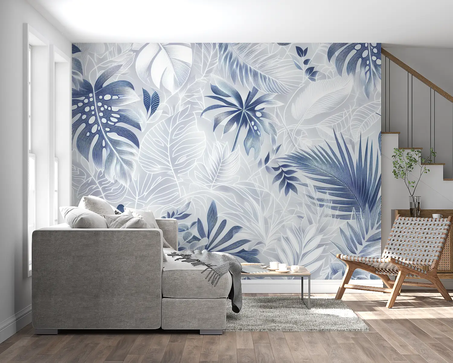 Papier Peint Tropical - Fleurs et Feuilles Blanches et Bleues