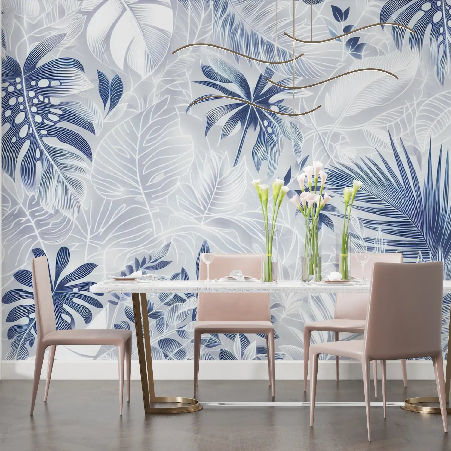 Papier Peint Tropical - Fleurs et Feuilles Blanches et Bleues