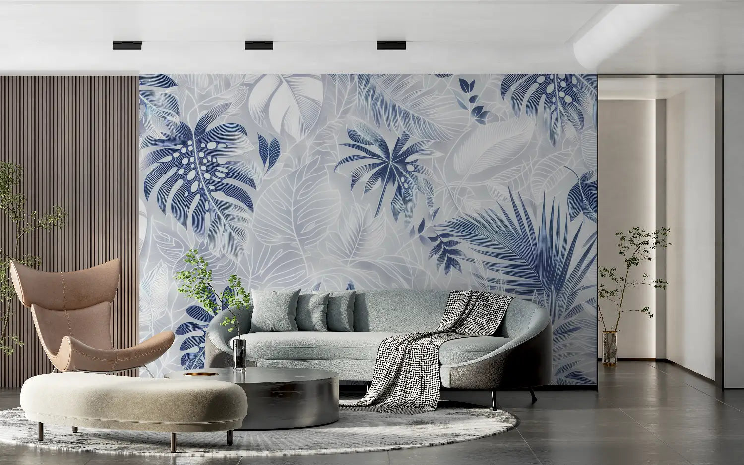 Papier Peint Tropical - Fleurs et Feuilles Blanches et Bleues