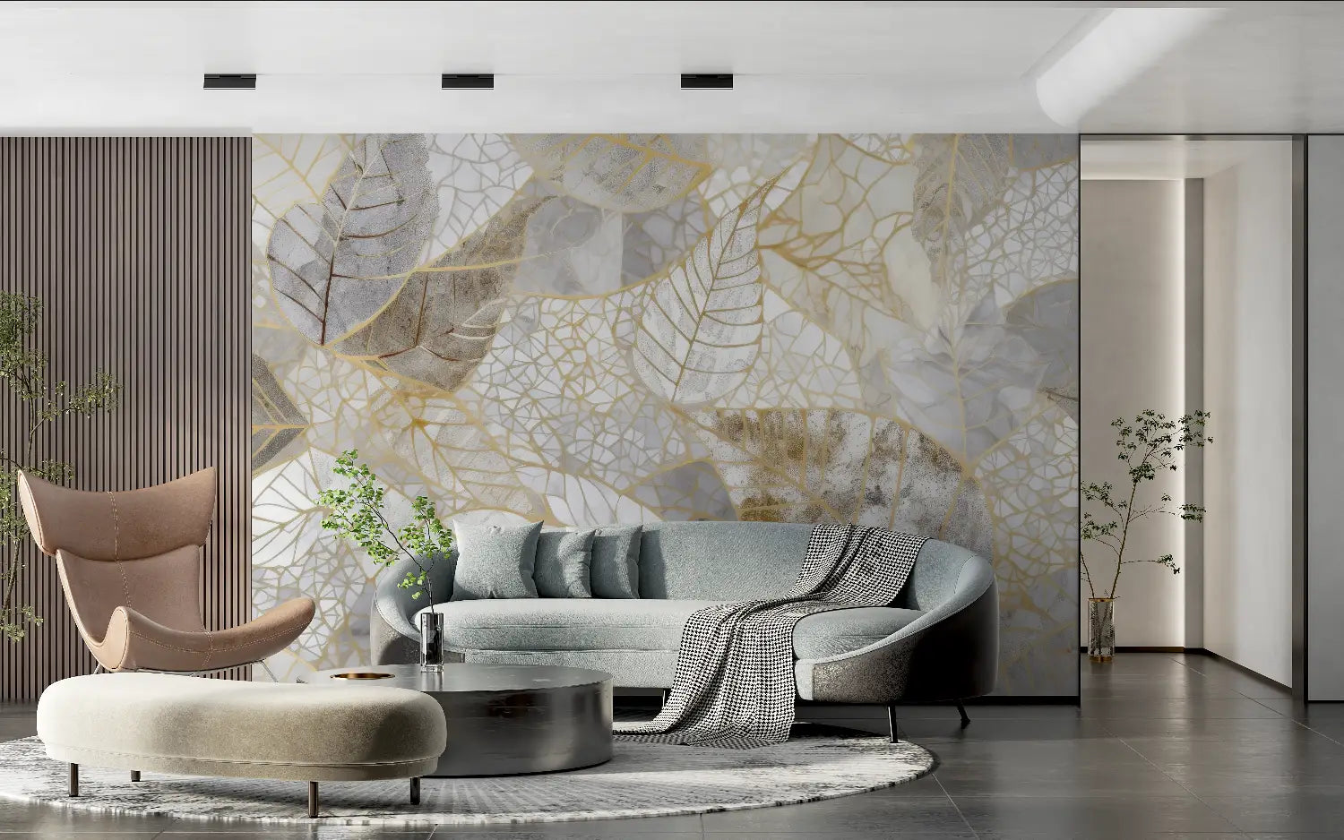 Foliage Wallpaper – Collage of Golden Leaves on Marble