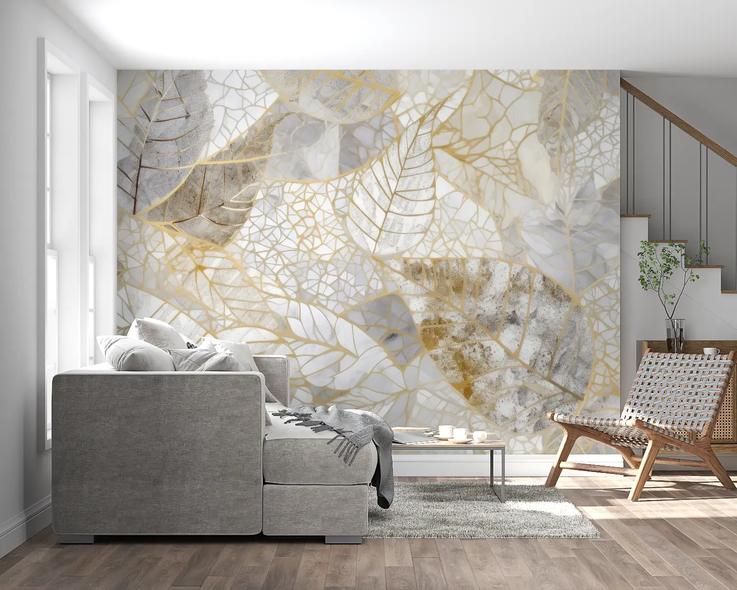 Foliage Wallpaper – Collage of Golden Leaves on Marble