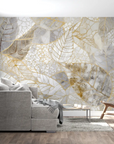 Foliage Wallpaper – Collage of Golden Leaves on Marble