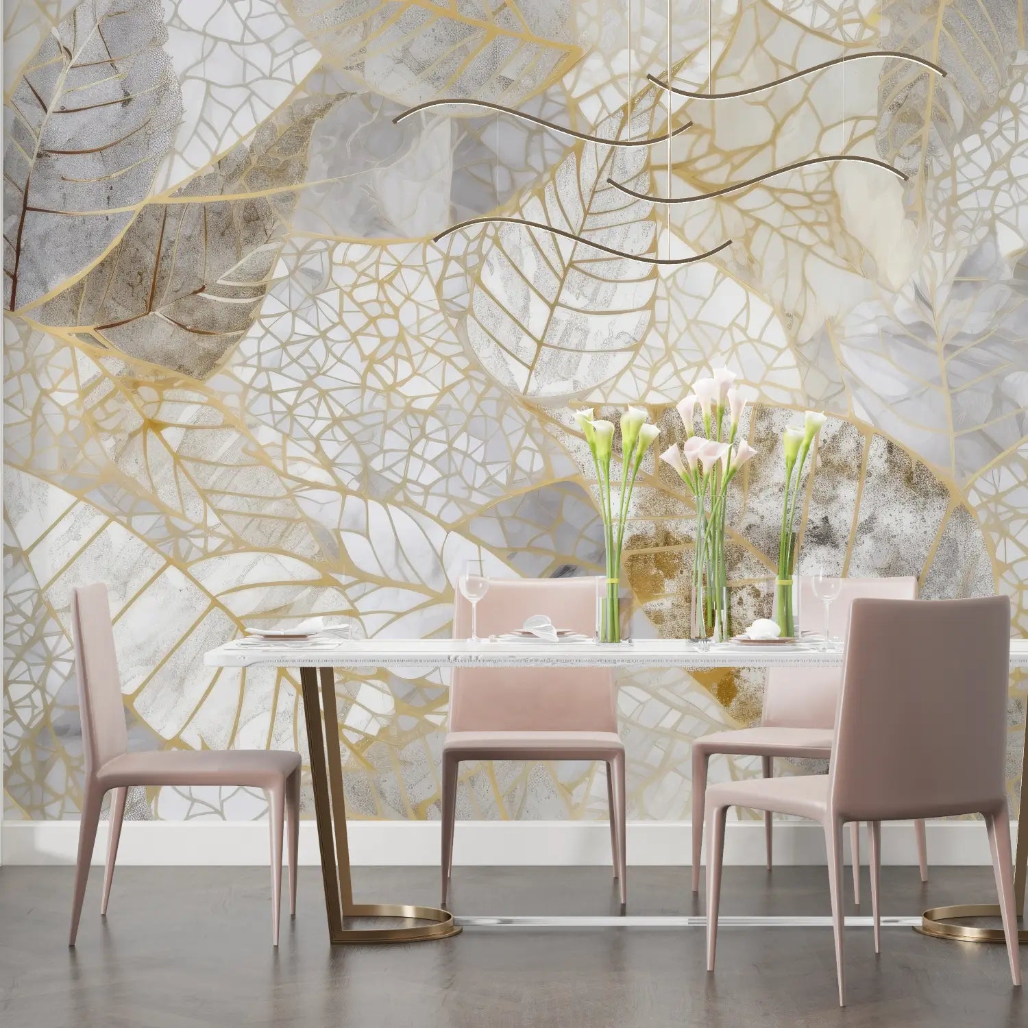 Foliage Wallpaper – Collage of Golden Leaves on Marble