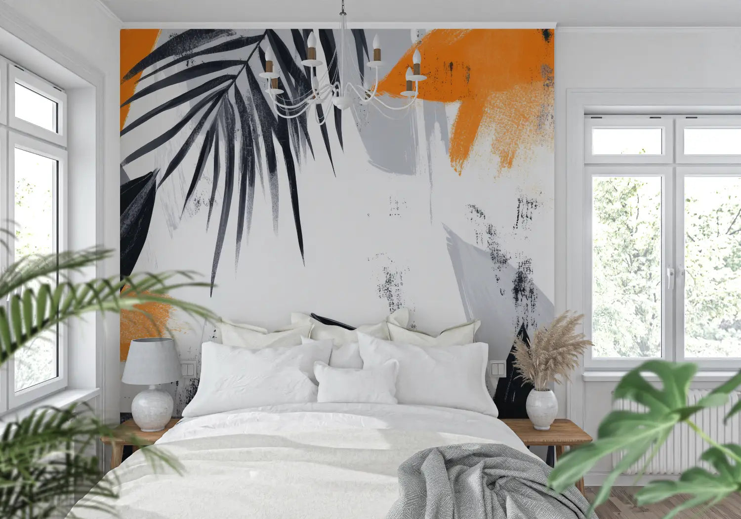 Black and White Wallpaper - Orange Graphic Leaves