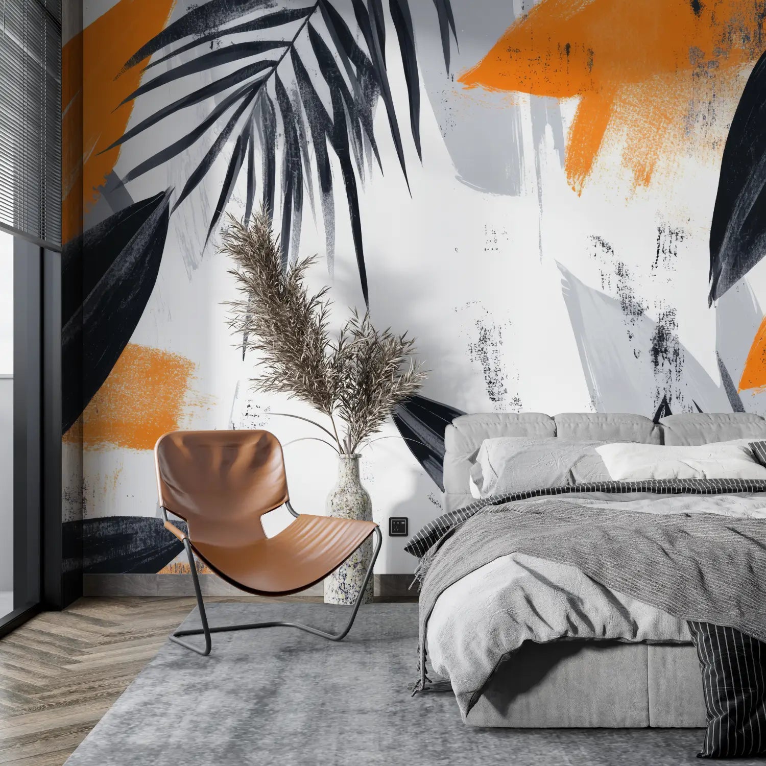 Black and White Wallpaper - Orange Graphic Leaves