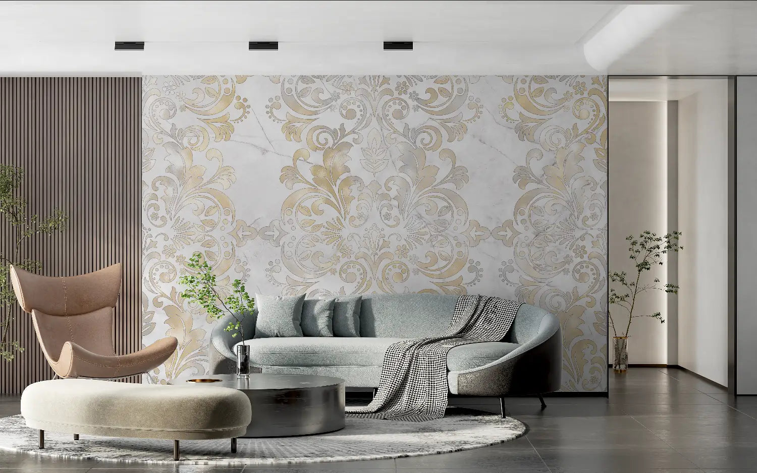 Art &amp; Deco Wallpaper – Golden Scrolls on Luminous Marble