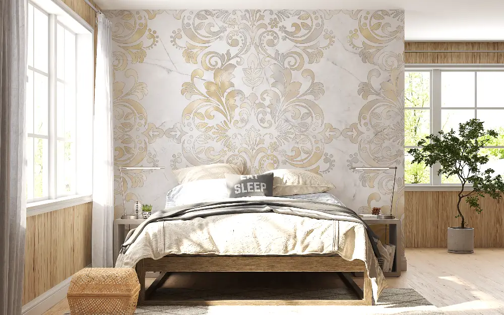 Art &amp; Deco Wallpaper – Golden Scrolls on Luminous Marble