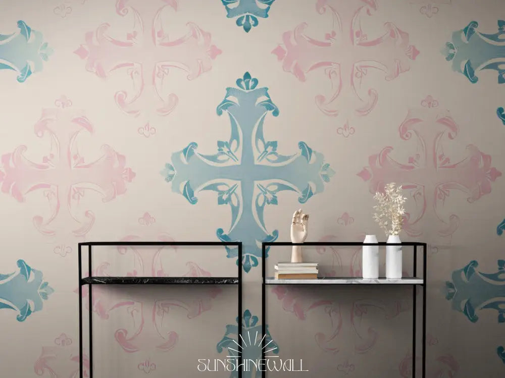 Papier Peint Baroque - Bleu Et Rose