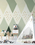 Geometric Wallpaper – Pastel Diamonds with Gold Polka Dots