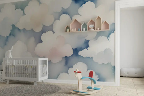 Carta da parati per bambini - Nuvole bianche ad acquerello su fondo blu