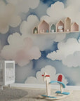 Papier Peint Enfant – Nuages Aquarellés dans un Ciel de Rêve