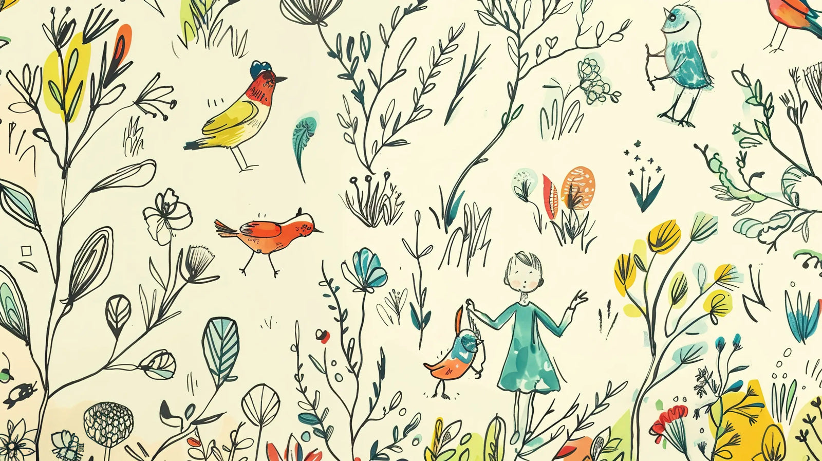 Papier Peint Enfant – Balade Rêveuse au Jardin des Oiseaux