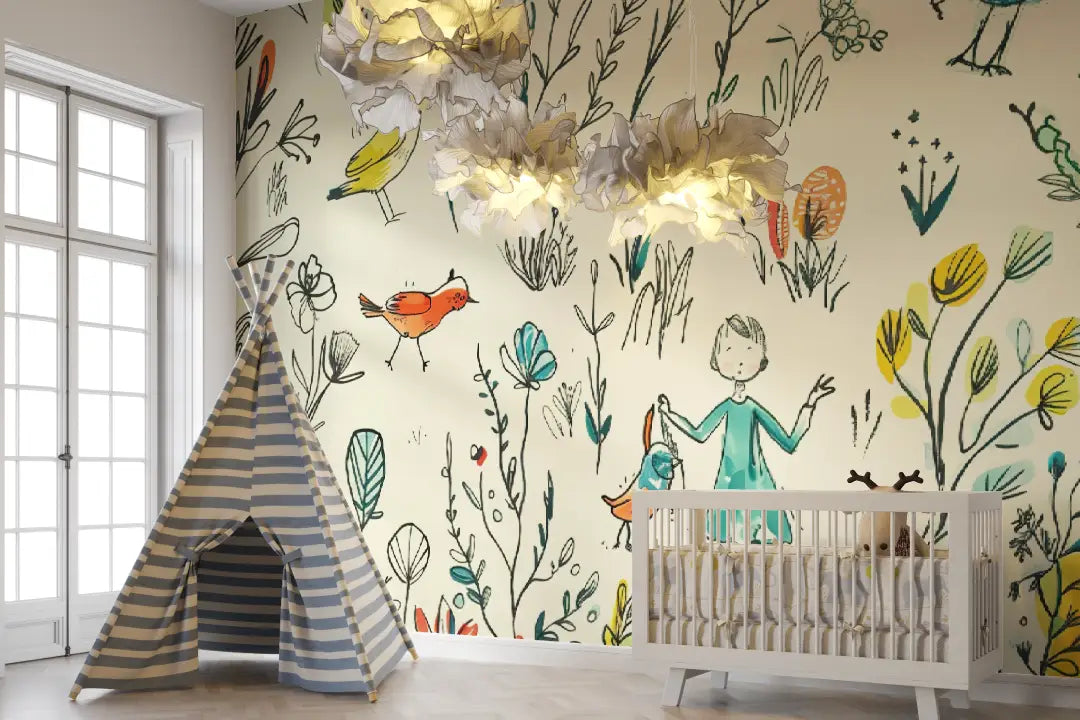 Papier Peint Enfant – Balade Rêveuse au Jardin des Oiseaux