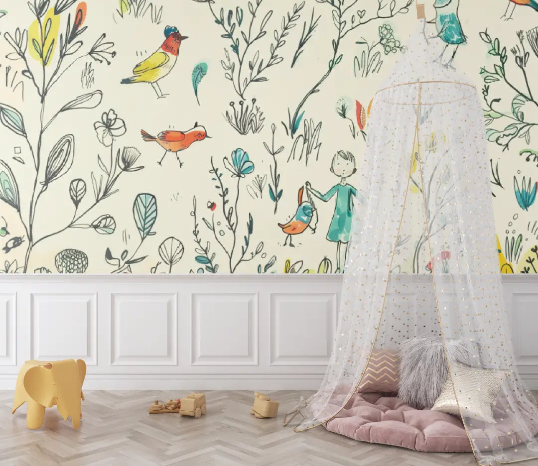 Papier Peint Enfant – Balade Rêveuse au Jardin des Oiseaux