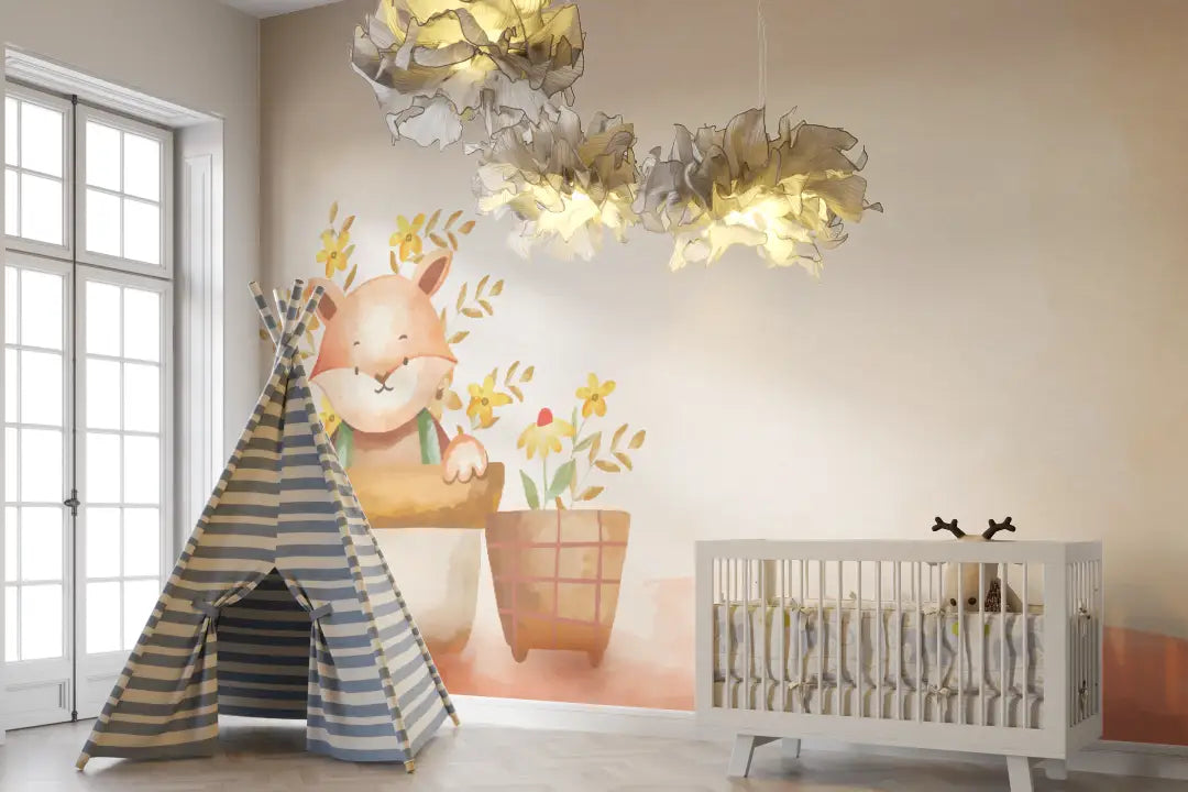 Papier Peint Enfant – Renard Malicieux dans son Pot Fleuri