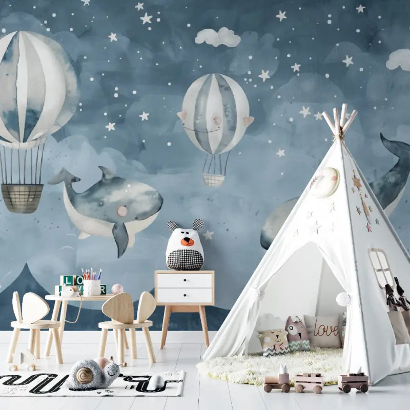 Papier Peint Enfant - Baleines et Montgolfières