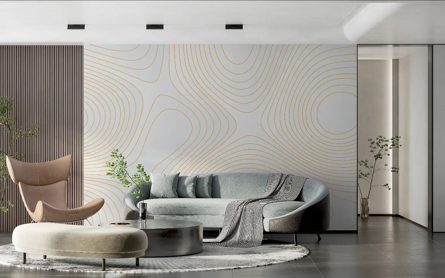 Papier Peint Géométrique – Courbes Dorées sur Fond Ivoire
