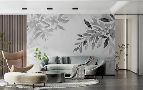 Papier Peint Noir et Blanc - Feuilles Aquarelles