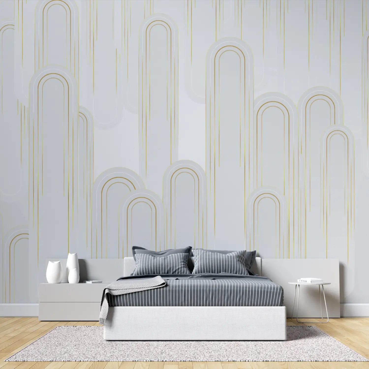 Papier Peint Géométrique – Arches Élancées en Fines Lignes Or