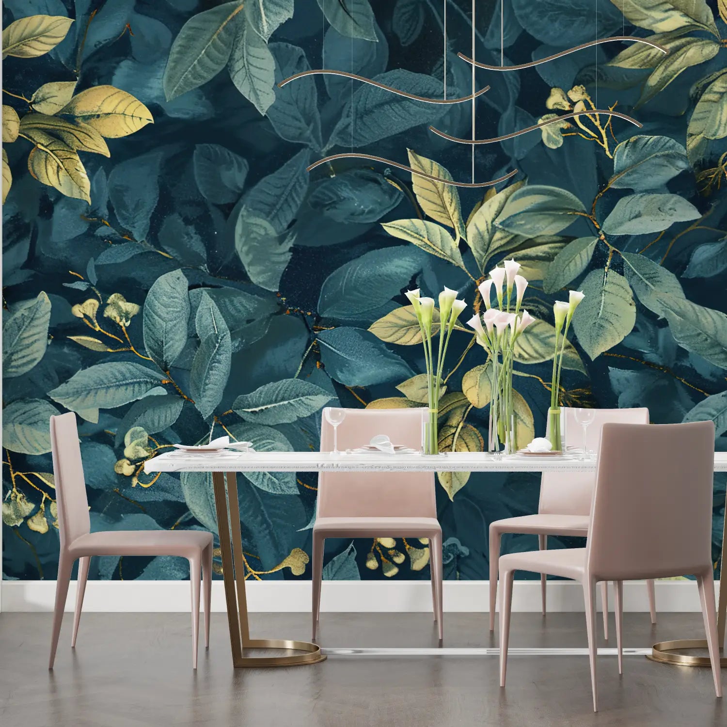 Papier Peint Feuillage – Feuilles Dorées sur Émeraude Sombre