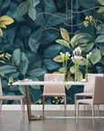 Foliage Wallpaper – Golden Leaves on Dark Emerald