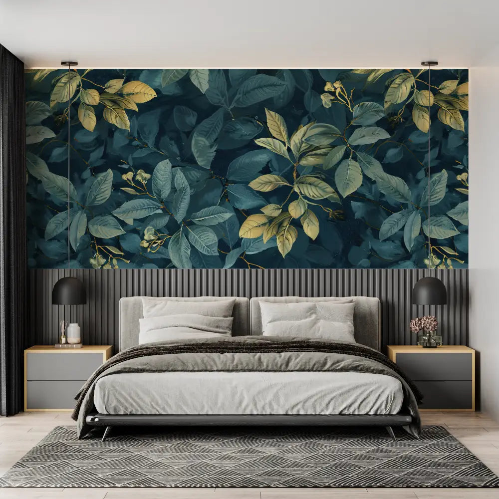 Papier Peint Feuillage – Feuilles Dorées sur Émeraude Sombre