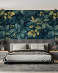 Foliage Wallpaper – Golden Leaves on Dark Emerald