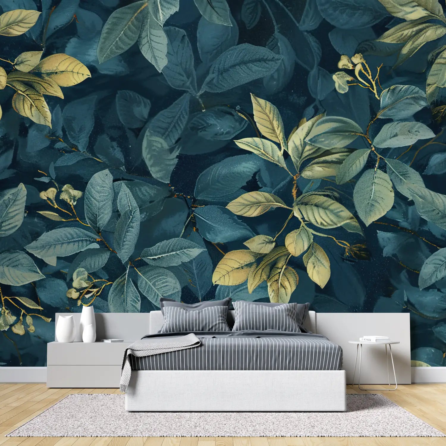 Papier Peint Feuillage – Feuilles Dorées sur Émeraude Sombre