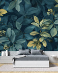 Foliage Wallpaper – Golden Leaves on Dark Emerald
