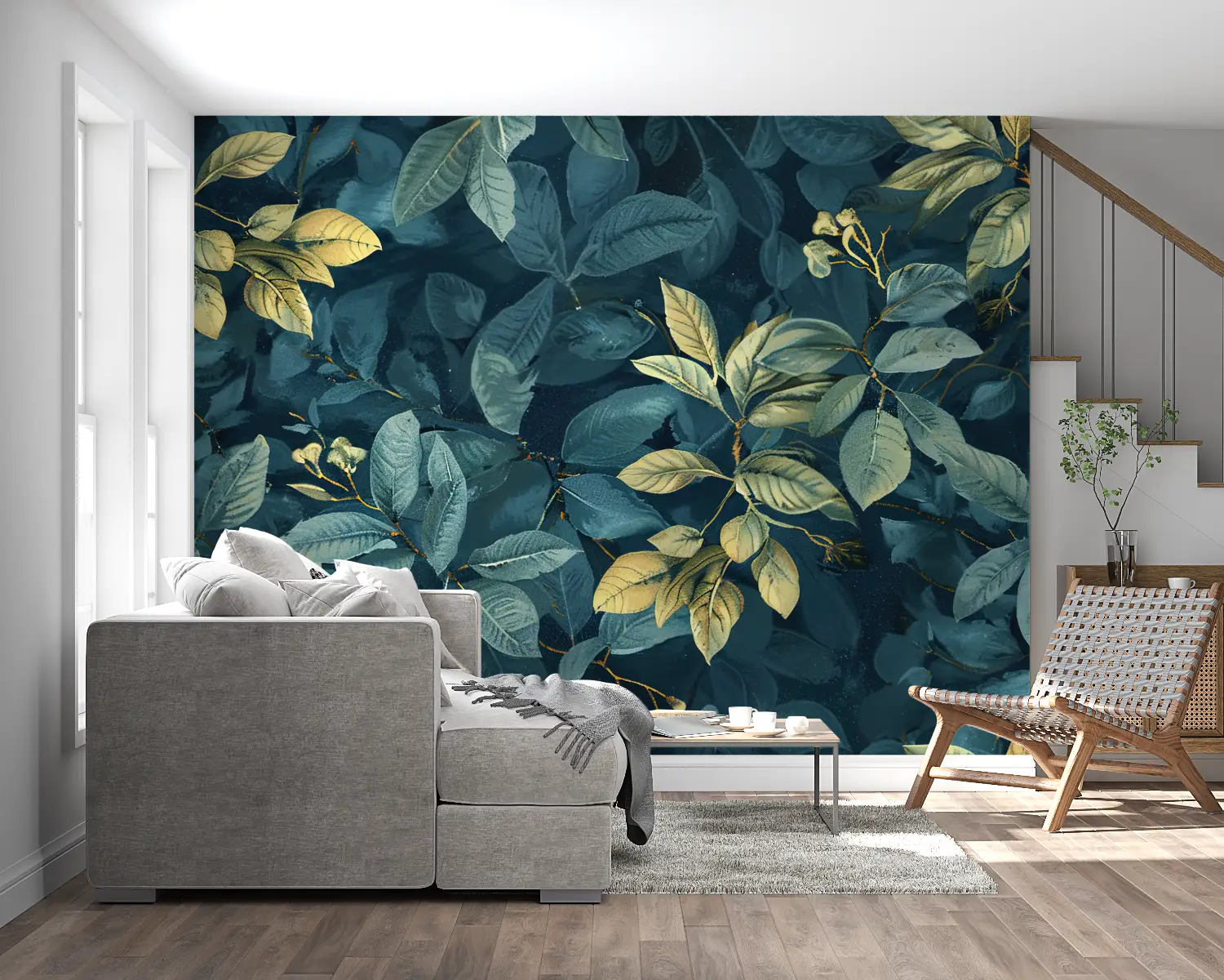 Papier Peint Feuillage – Feuilles Dorées sur Émeraude Sombre