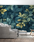 Foliage Wallpaper – Golden Leaves on Dark Emerald