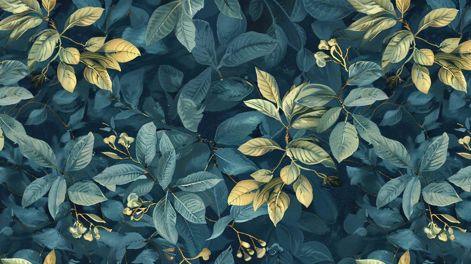 Papier Peint Feuillage – Feuilles Dorées sur Émeraude Sombre