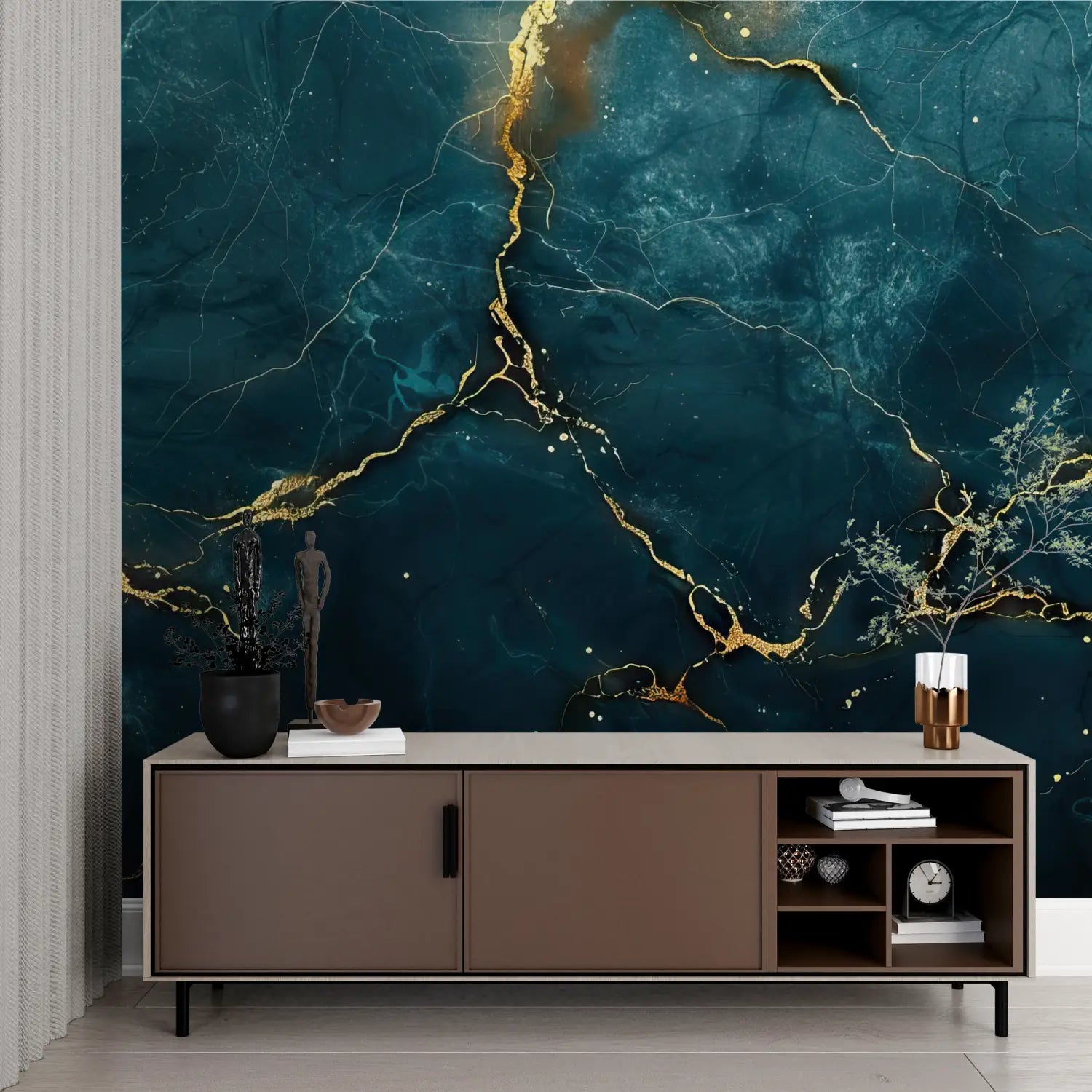 Papier Peint Pierre - Marbrures Sombres et Or