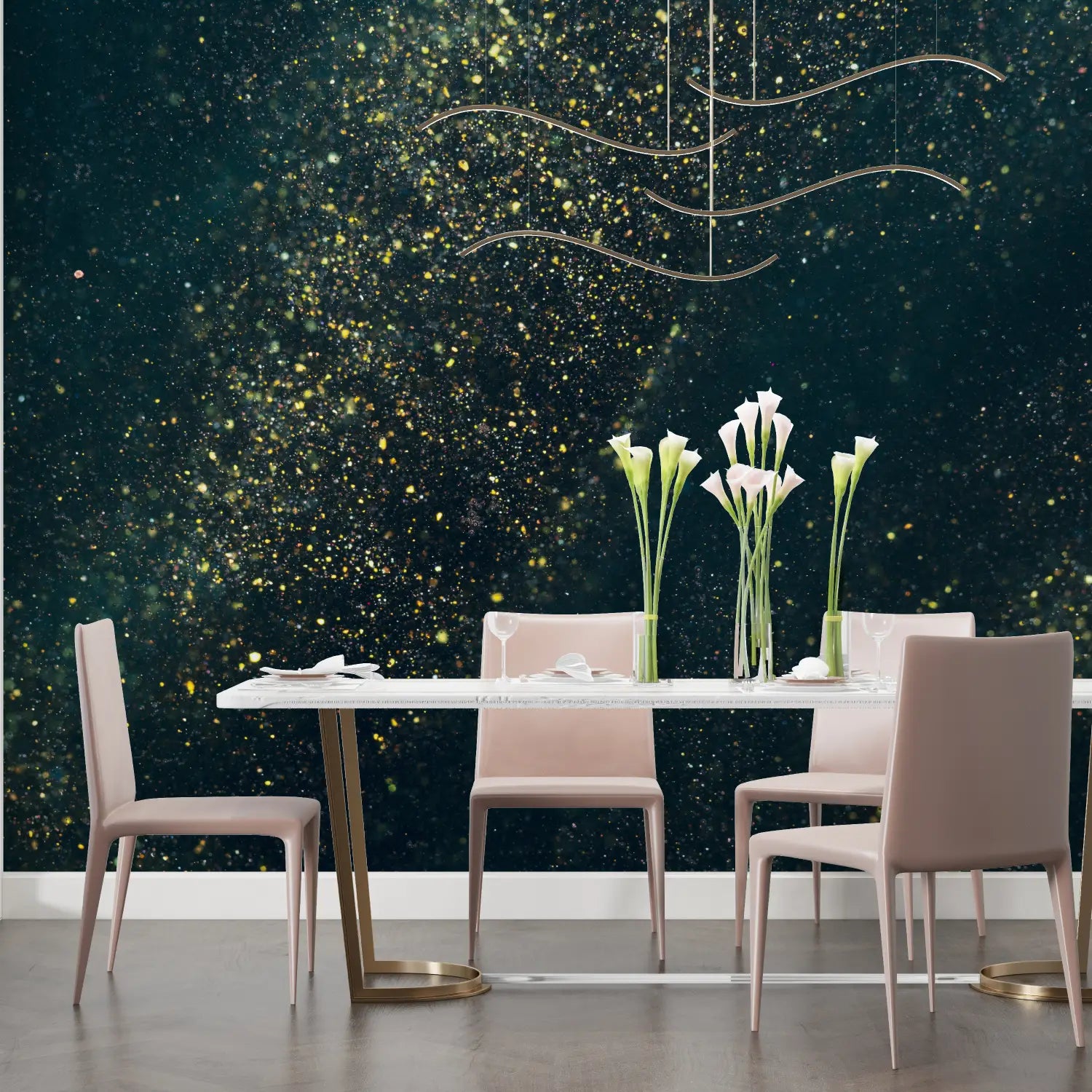 Papier Peint Art & Déco – Nuée Dorée sur Vert Profond