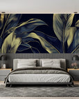 Foliage Wallpaper – Golden Palms on a Dark Background