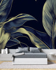 Foliage Wallpaper – Golden Palms on a Dark Background