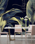 Foliage Wallpaper – Golden Palms on a Dark Background