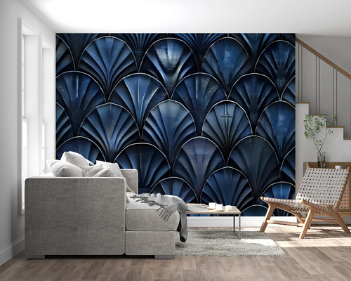 Papier Peint Géométrique - Écailles Métalliques Bleu Nuit