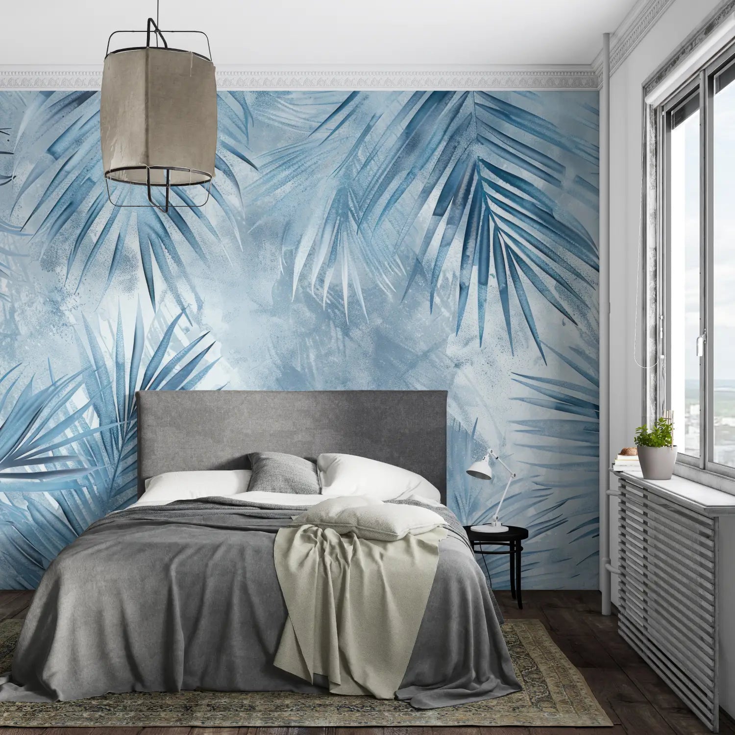 Foliage Wallpaper - Blurry Palms in Ice Blue