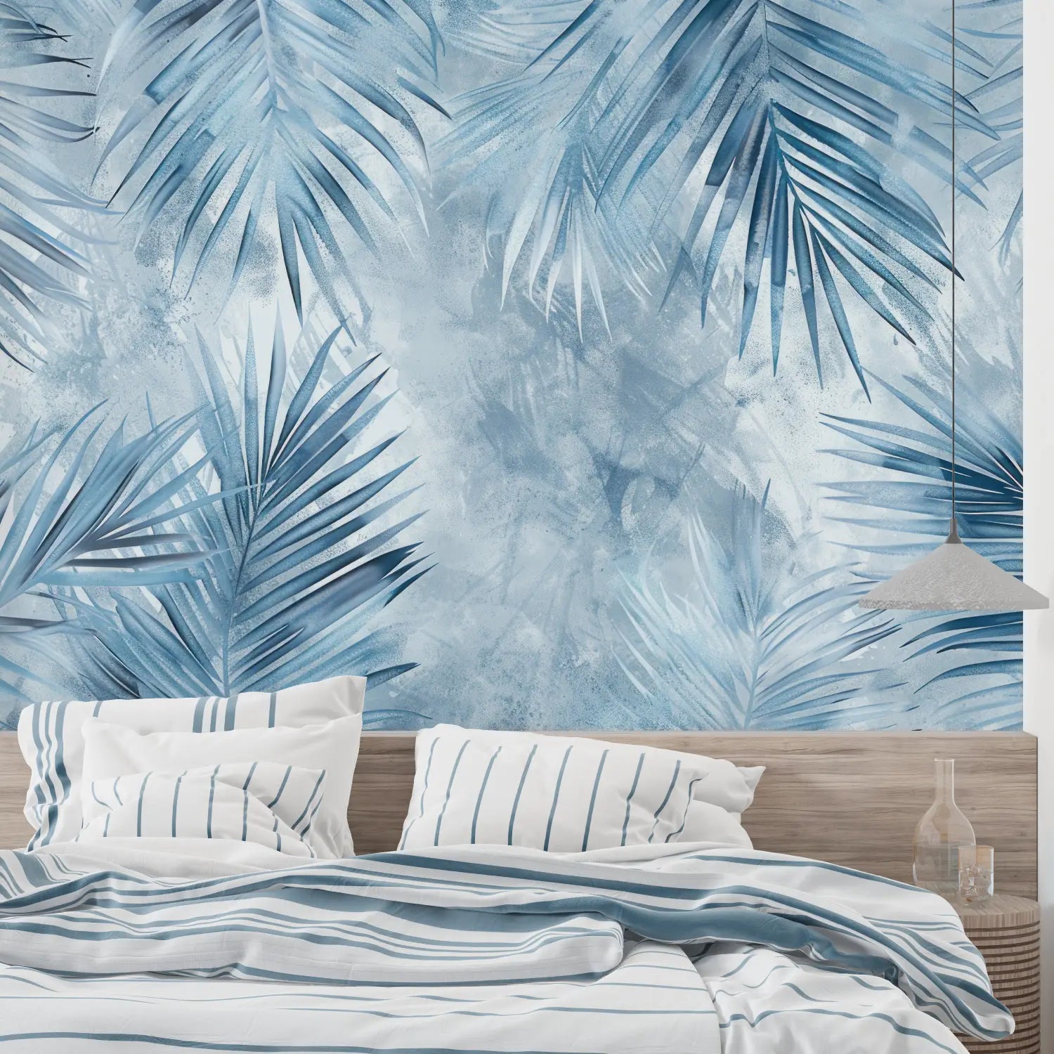 Foliage Wallpaper - Blurry Palms in Ice Blue
