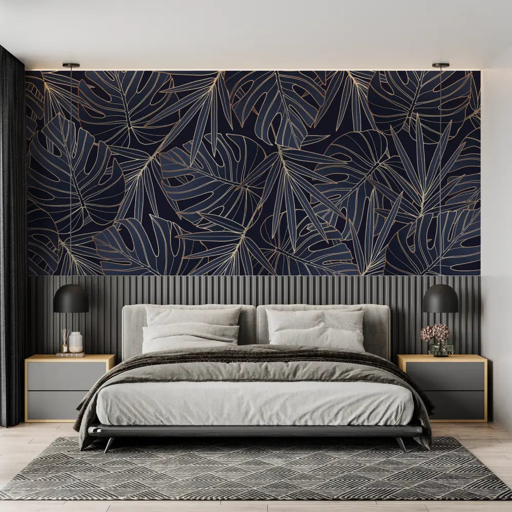 Papier Peint Feuillage - Monstera Doré sur Noir