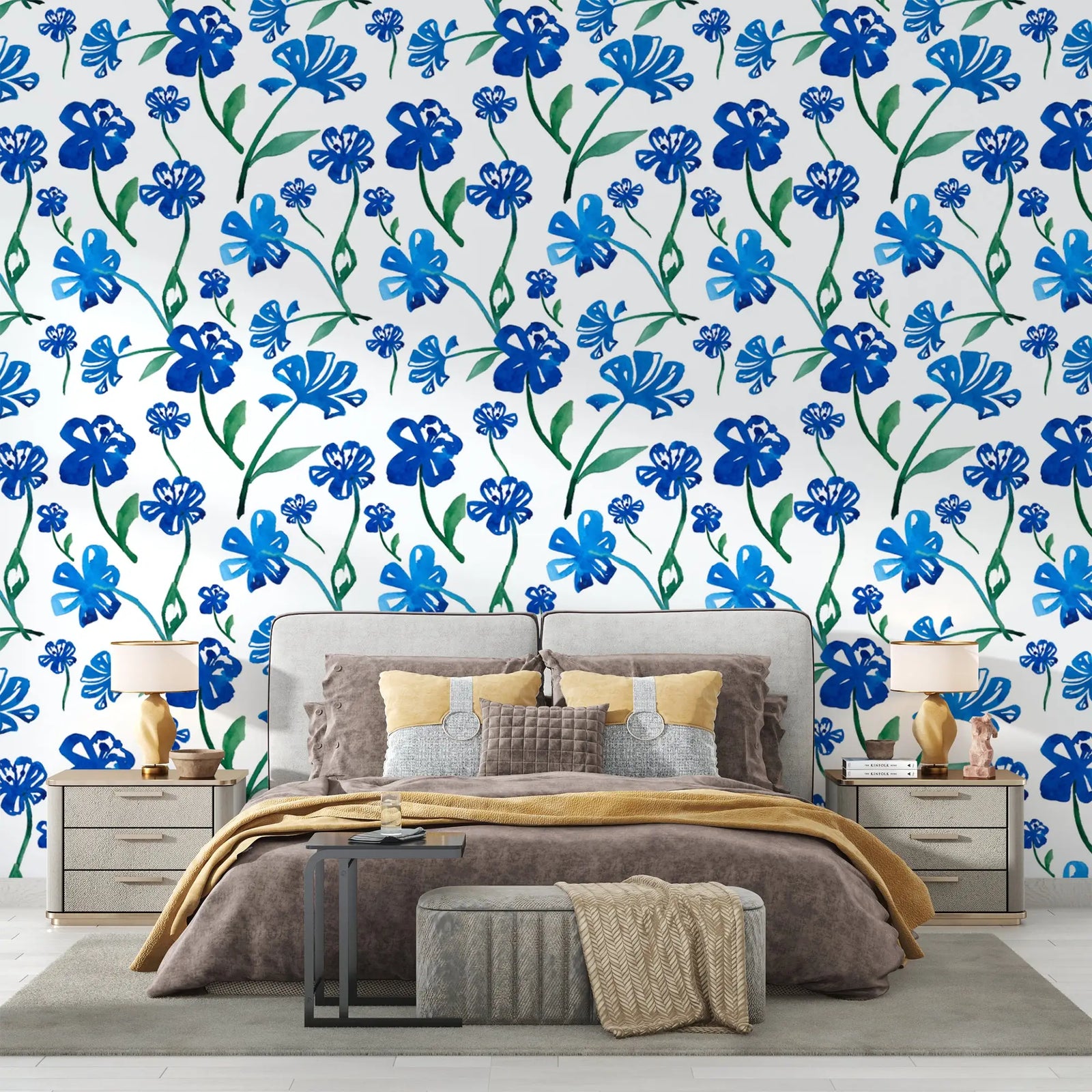 Floral Wallpaper – Indigo Flowers on Ivory Background