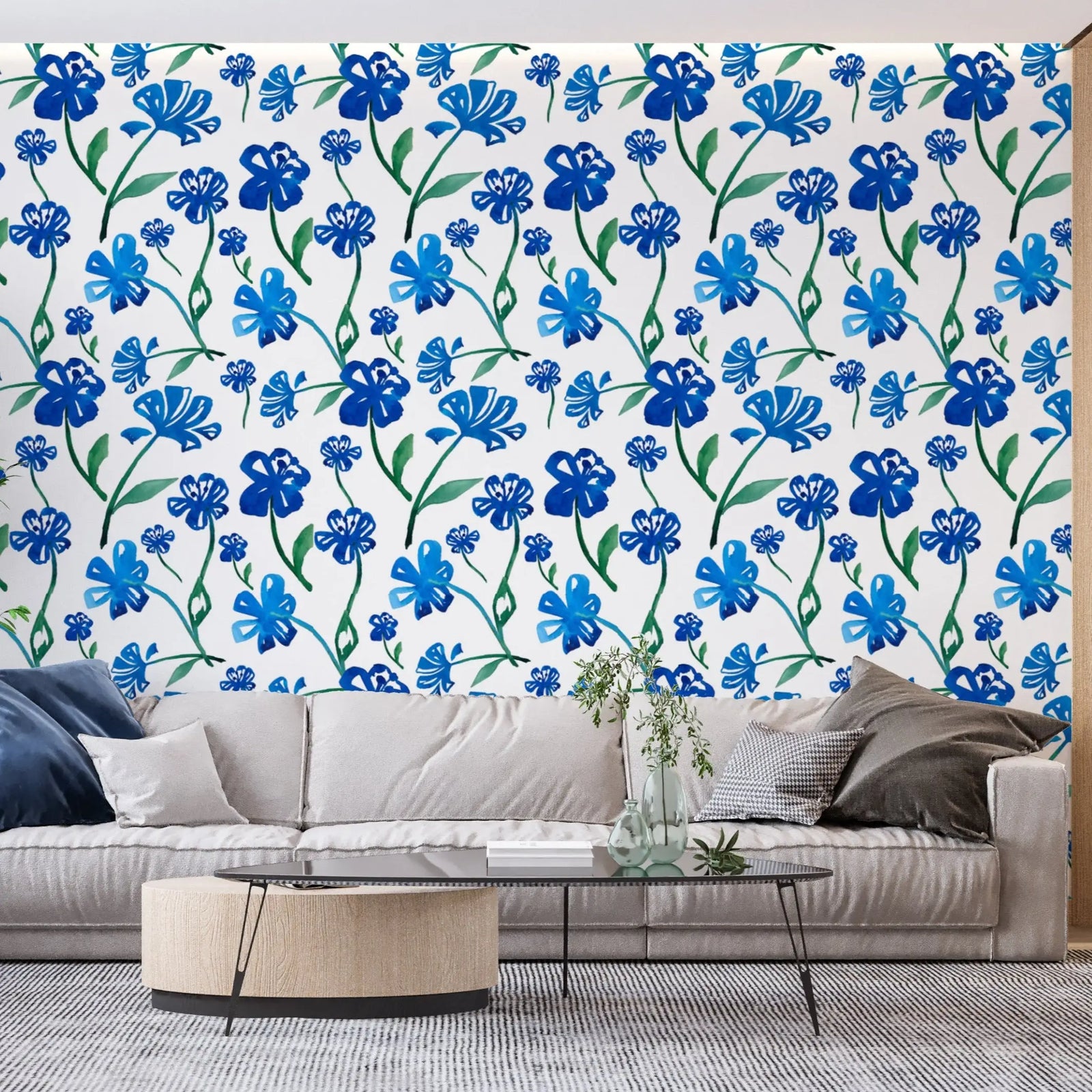 Floral Wallpaper – Indigo Flowers on Ivory Background