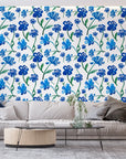 Papier Peint Floral – Fleurs Indigo sur Fond Ivoire