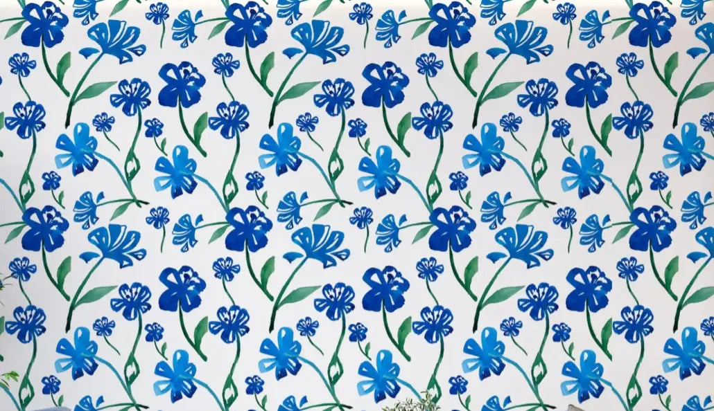 Floral Wallpaper – Indigo Flowers on Ivory Background