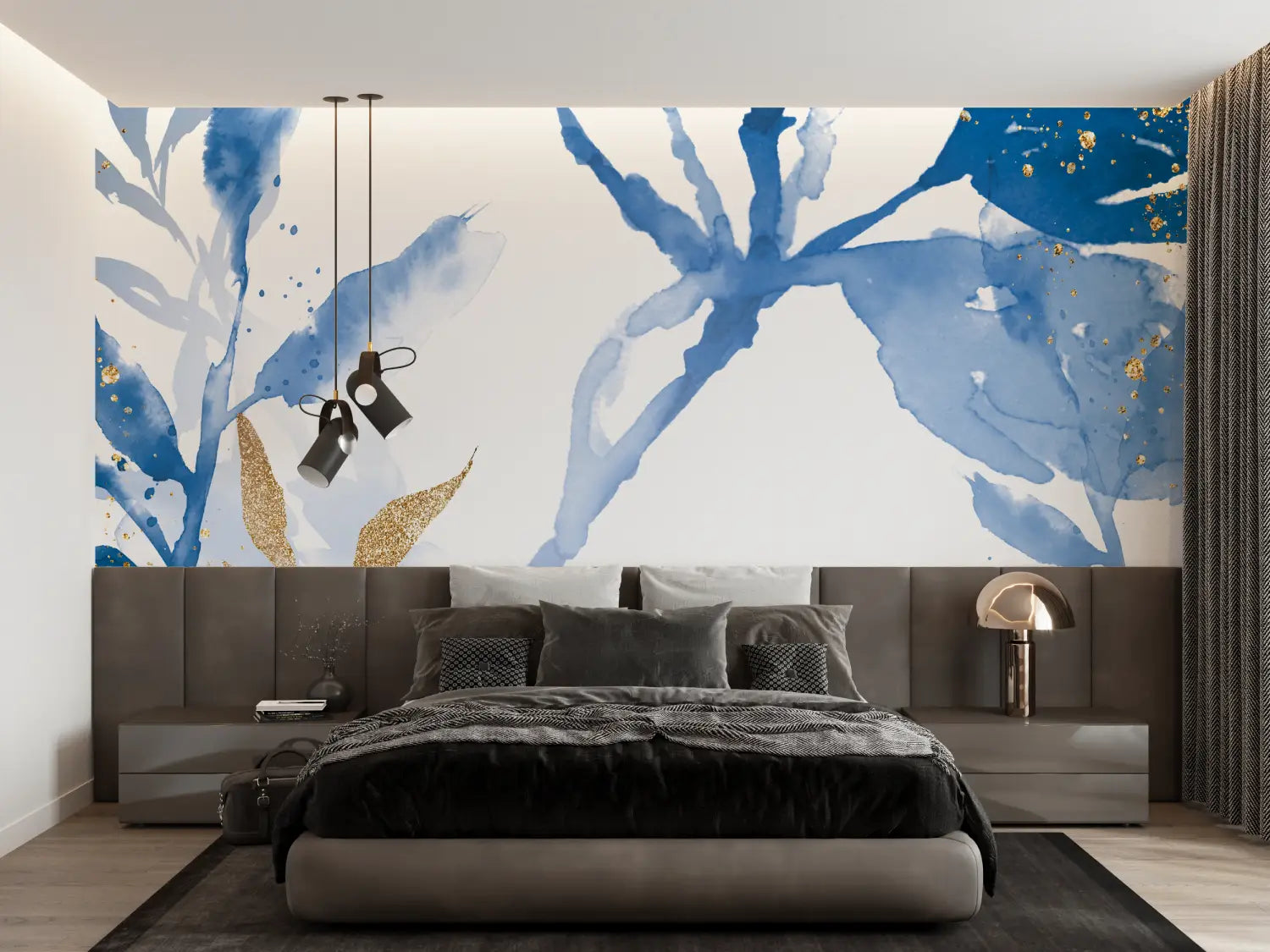 Papier Peint Floral - Feuillage Bleu et Doré