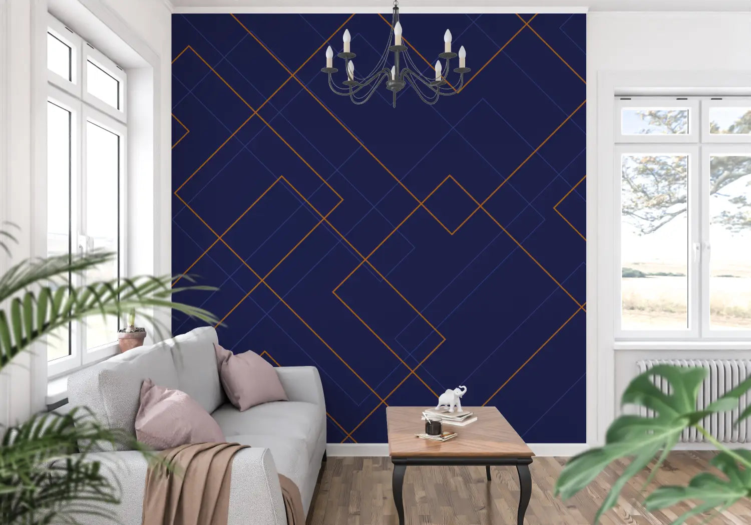 Geometric Wallpaper - Gold and Blue Cubic Lines