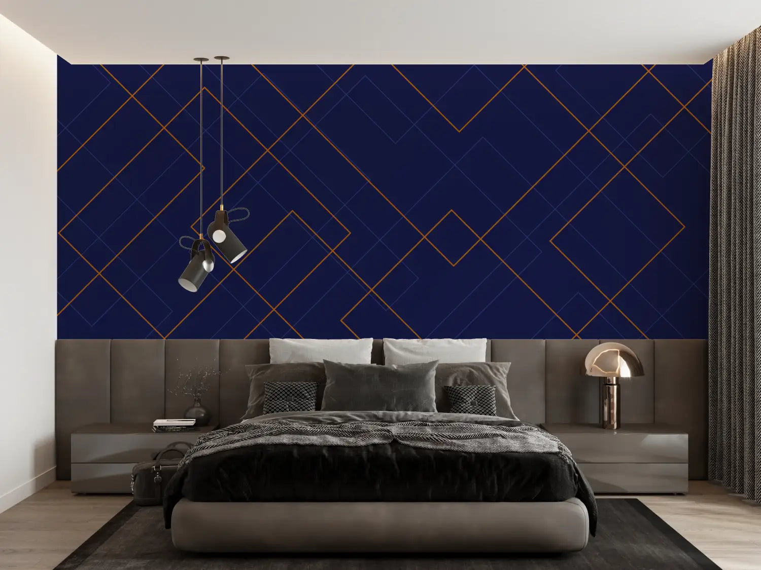 Geometric Wallpaper - Gold and Blue Cubic Lines