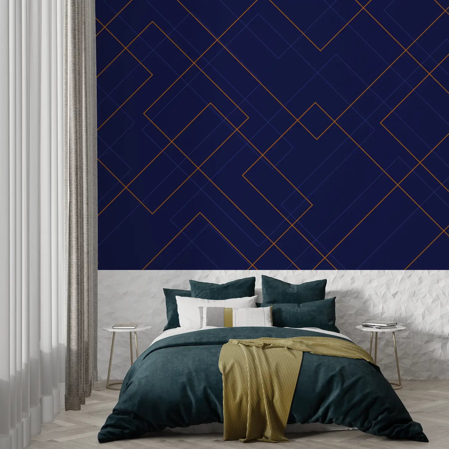 Geometric Wallpaper - Gold and Blue Cubic Lines